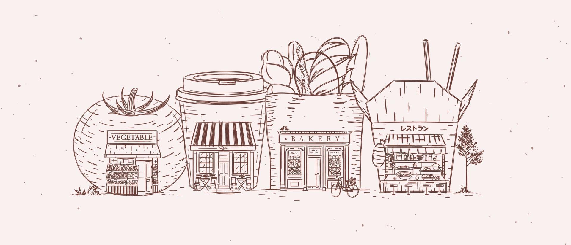 conjunto de mercearia de montras, café, padaria, desenho de comida asiática com cor marrom vetor