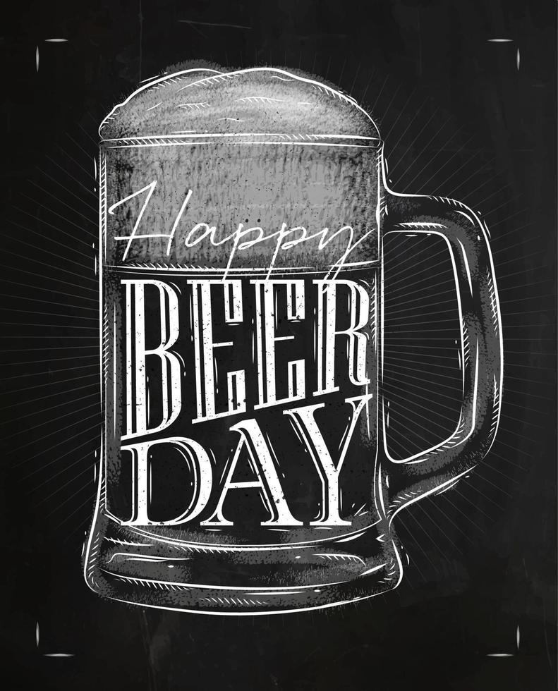 cartaz de vidro de cerveja letras feliz dia da cerveja desenho em estilo vintage com giz no fundo do quadro-negro vetor
