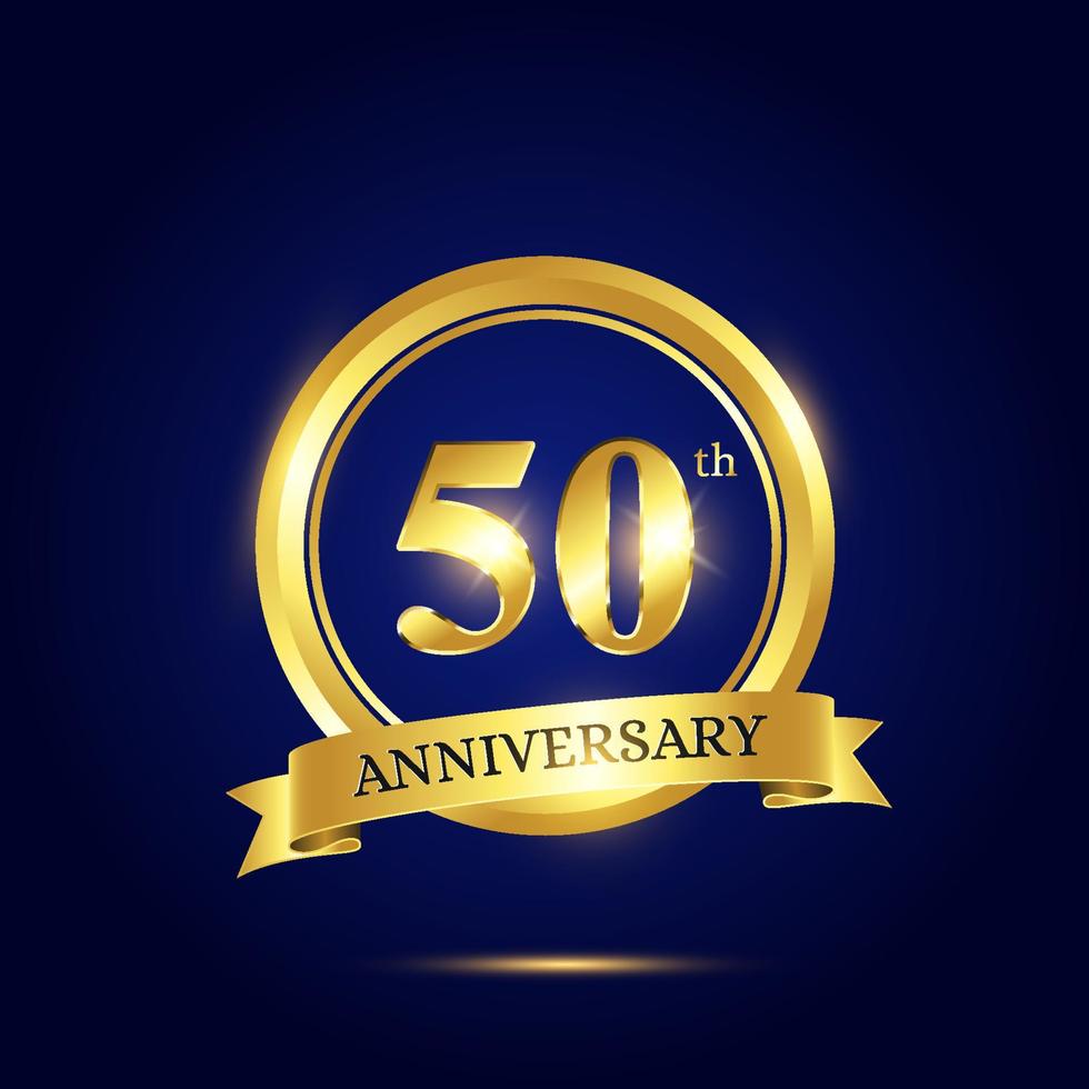 Comemoração dos 50 anos. modelo de celebração de luxo com círculo dourado e fita em fundo azul escuro. modelo de vetor elegante para cartão de convite, celebração, cartões de felicitações e outros.