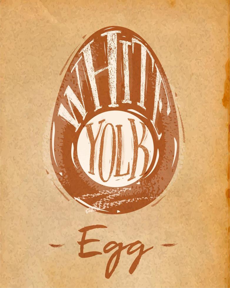 esquema de corte de ovo de cartaz letras branco, gema em estilo retrô desenho em fundo de artesanato vetor