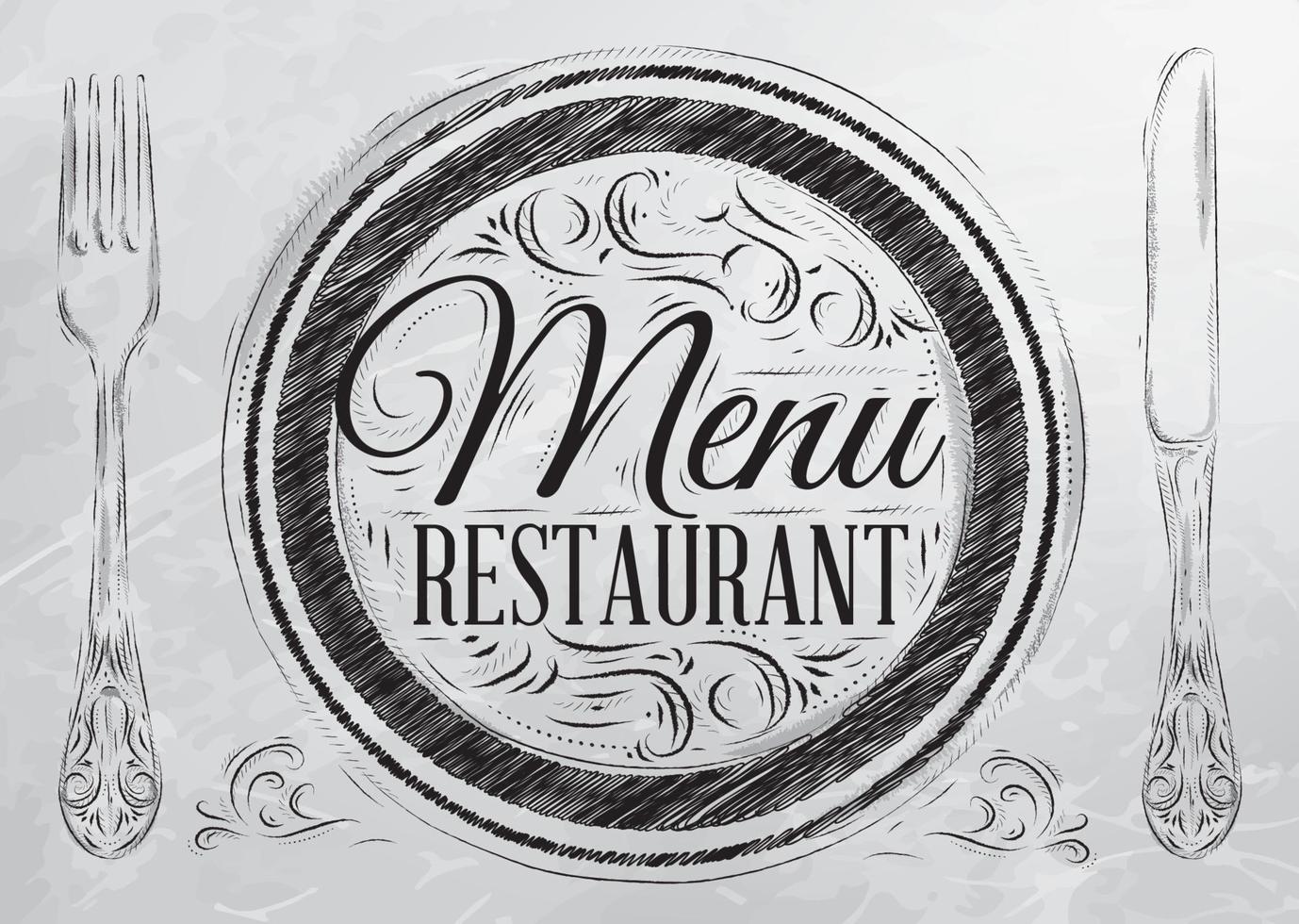 letras de restaurante de menu em um prato com um garfo e uma colher do lado em estilo retro desenho com carvão no quadro. vetor