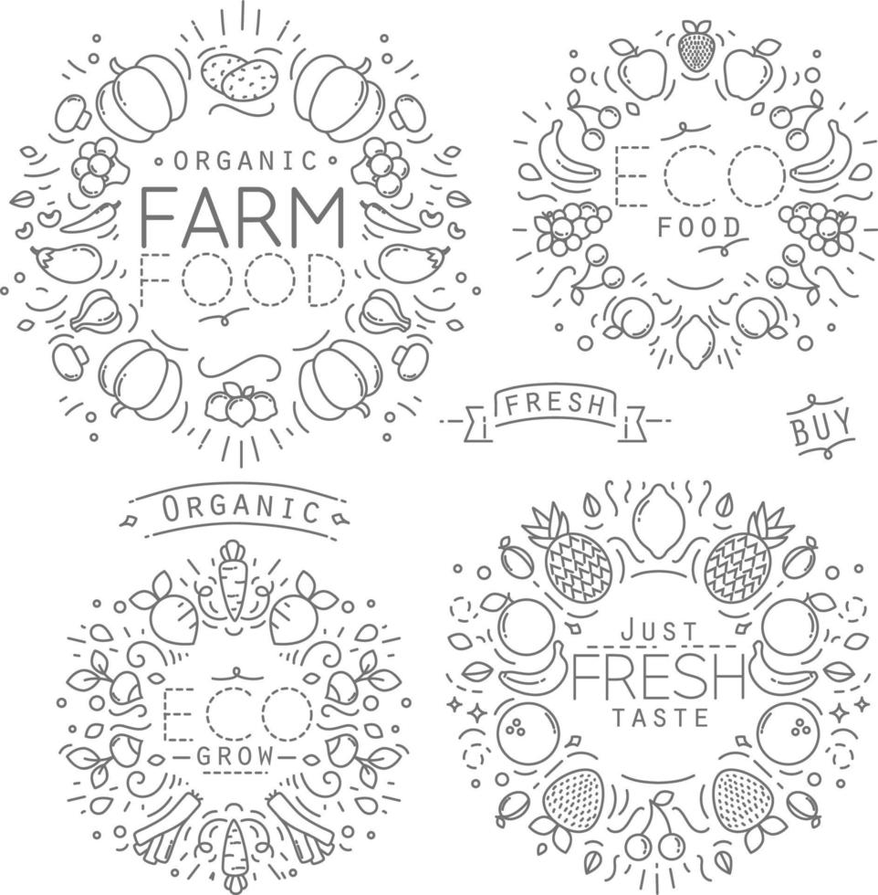 conjunto de monogramas de frutas e legumes planas de desenho com linhas pretas sobre fundo branco vetor