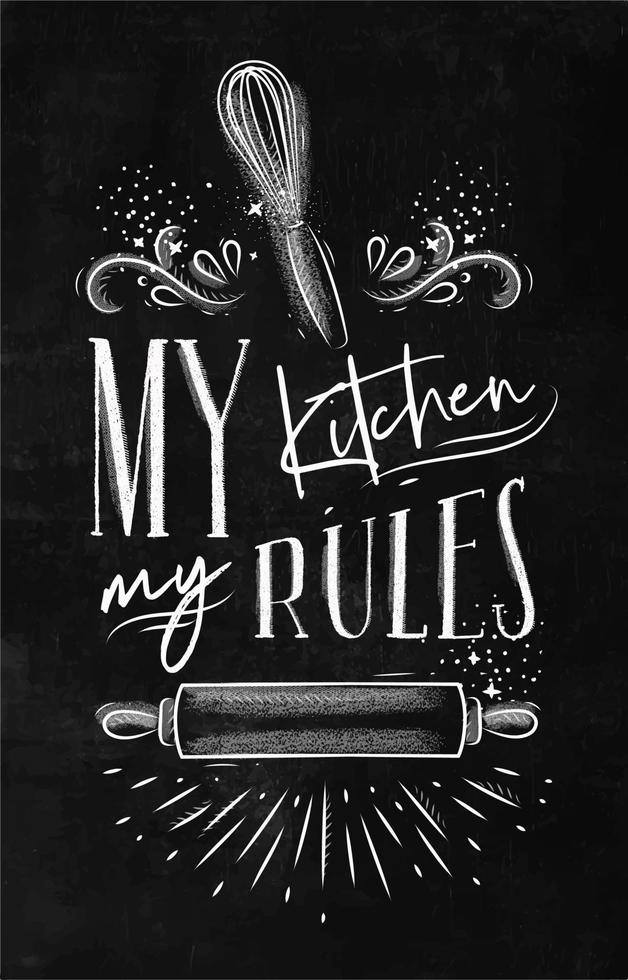 cartaz com equipamento de pastelaria ilustrado letras minhas regras de cozinha em estilo de desenho à mão em fundo de giz. vetor