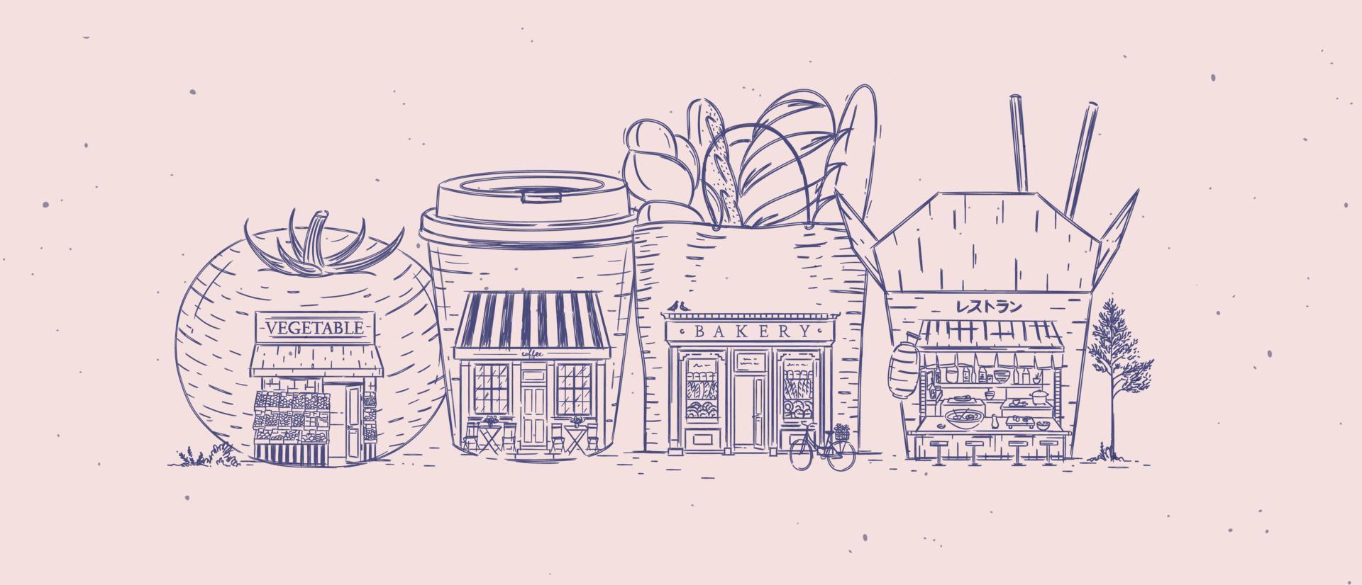 conjunto de lojas de mercearia, café, padaria, desenho de comida asiática com cor azul vetor