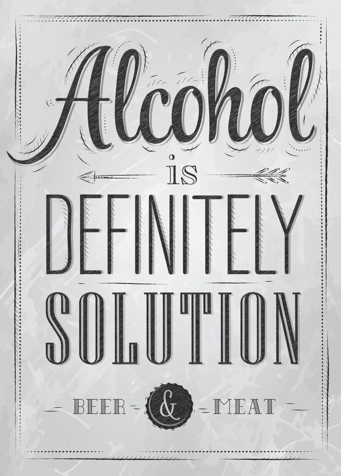 cartaz piada álcool é definitivamente solução cerveja e carne em estilo retrô desenho estilizado com inscrição carvão vetor