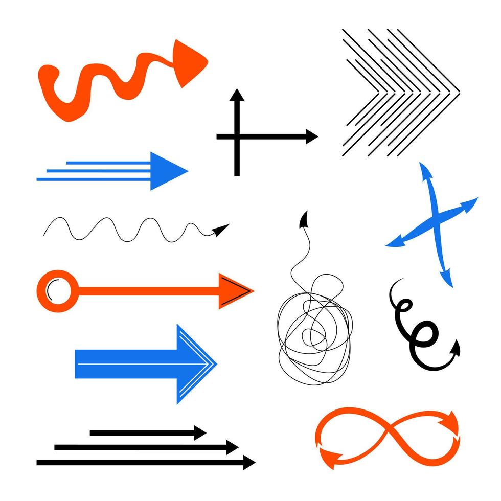 conjunto de setas de doodle. setas abstratas, objetos vetoriais da moda cores laranja, azul e preto. vetor