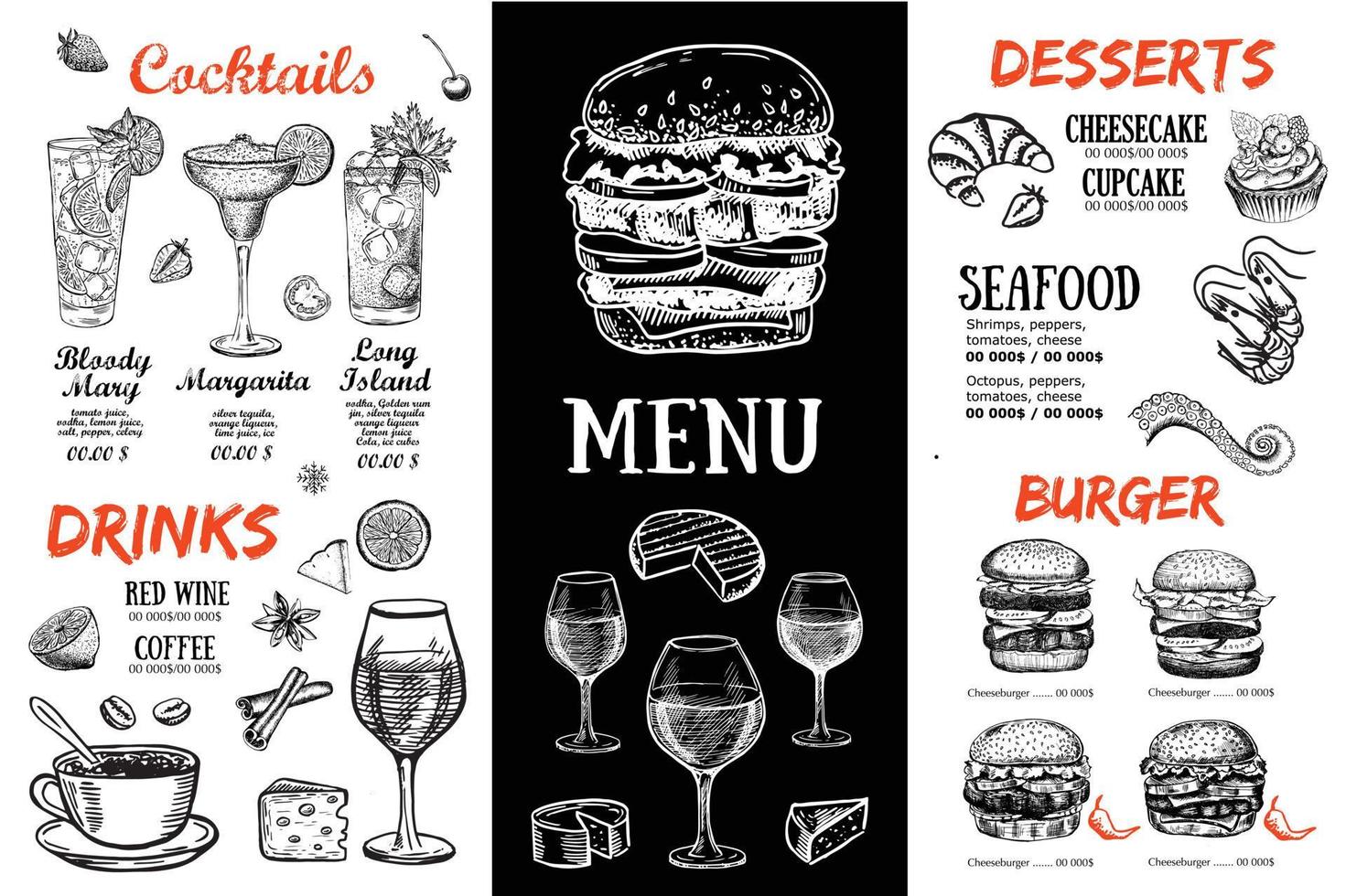 menu de restaurante, design de modelo... panfleto de comida. estilo desenhado à mão. ilustração vetorial. vetor