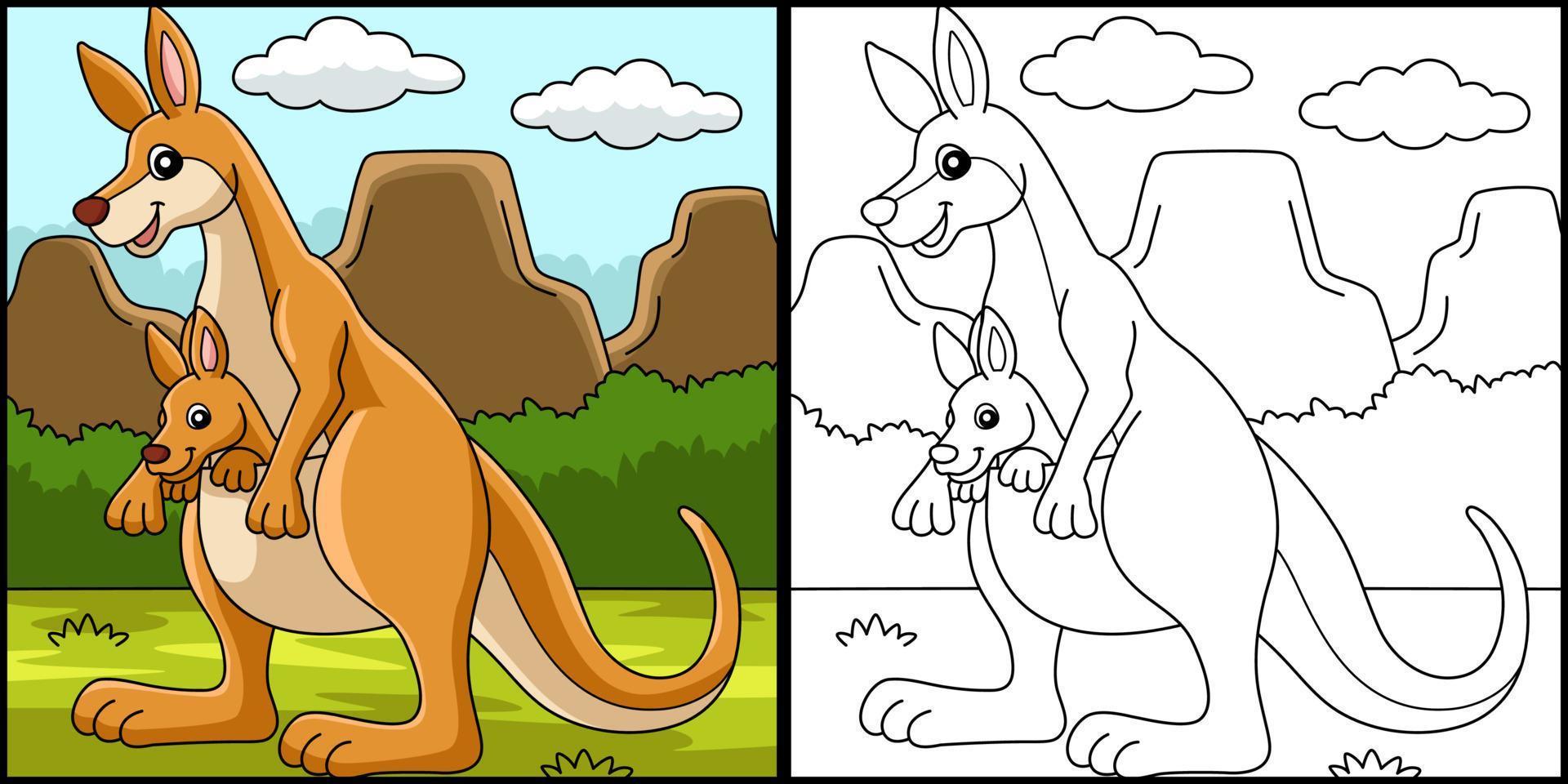 canguru com ilustração de página para colorir de bebê vetor