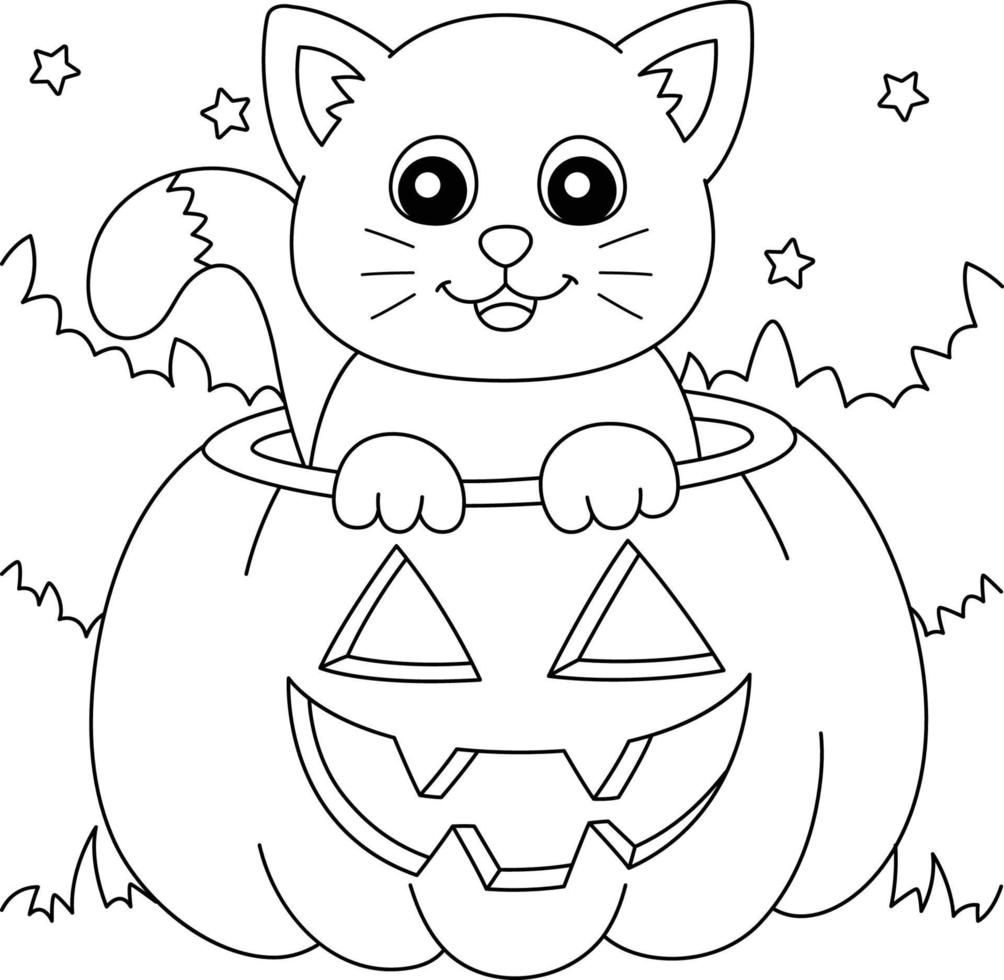 página de colorir de halloween de gato de abóbora para crianças vetor