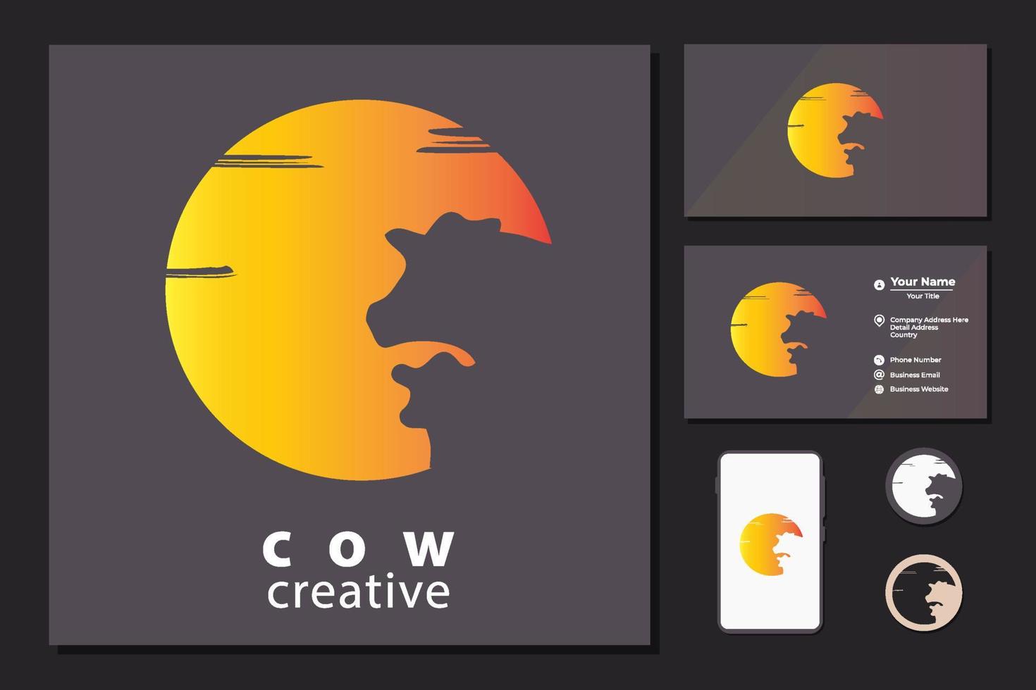 lindo design de logotipo de ilustração de vaca e lua dourada vetor