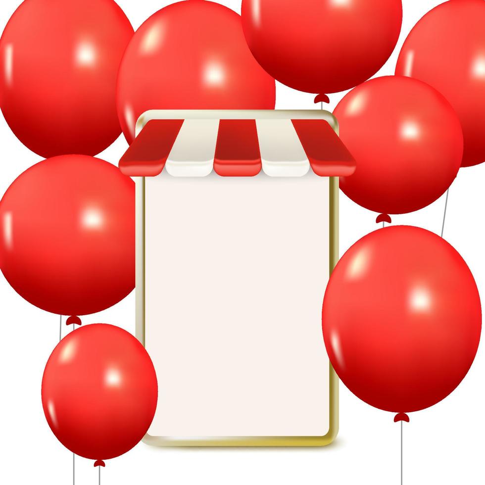 compras on-line de smartphone com balões cheios de espaço, telefone celular e balões 3d vector design. ilustração