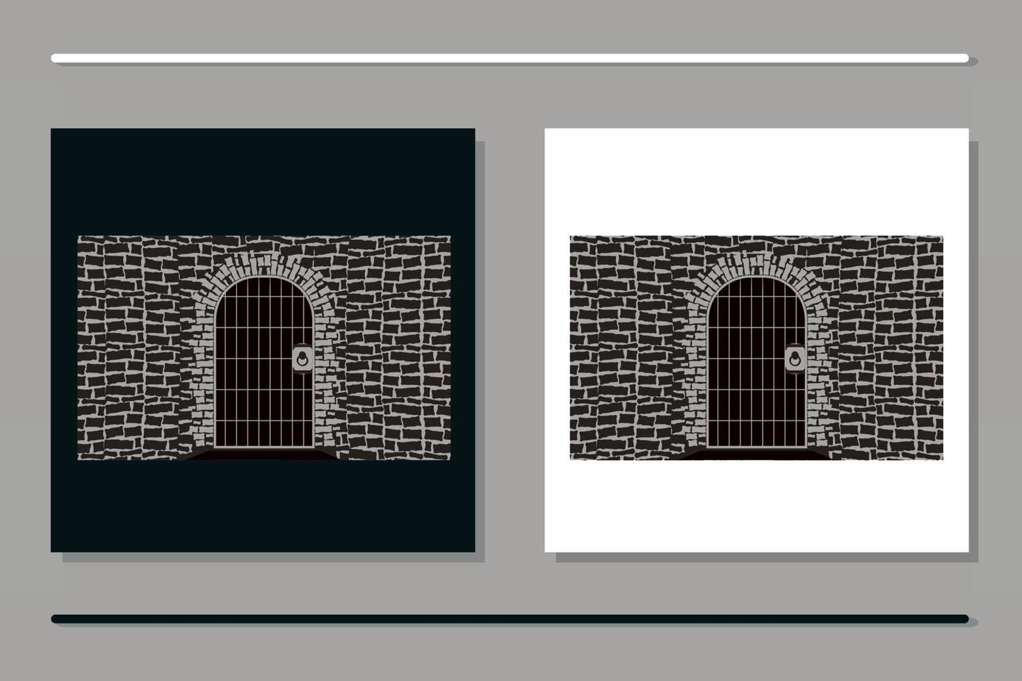 portão retrô vector de madeira e pedra, com alça de anel em fundo preto