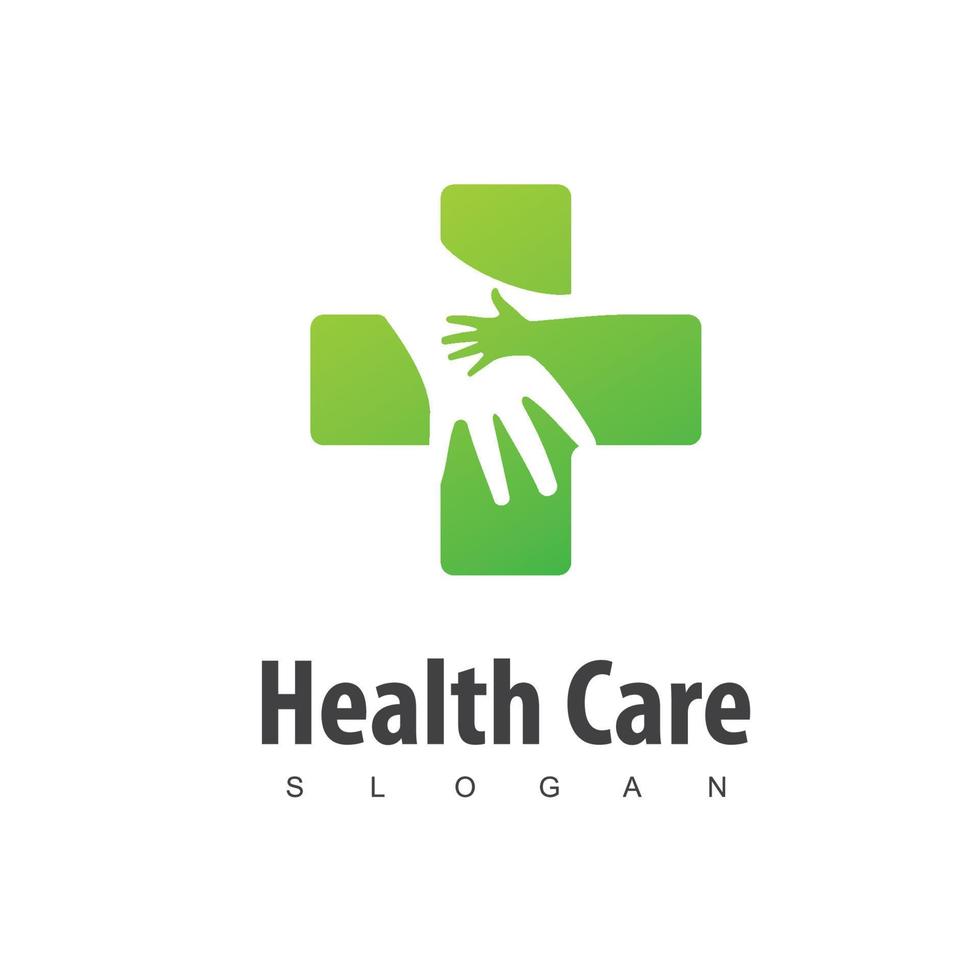 logotipo de cuidados de saúde com mais e símbolo de mão vetor