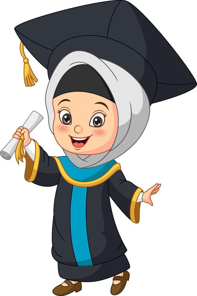 menina dos desenhos animados em traje de formatura segurando um diploma vetor