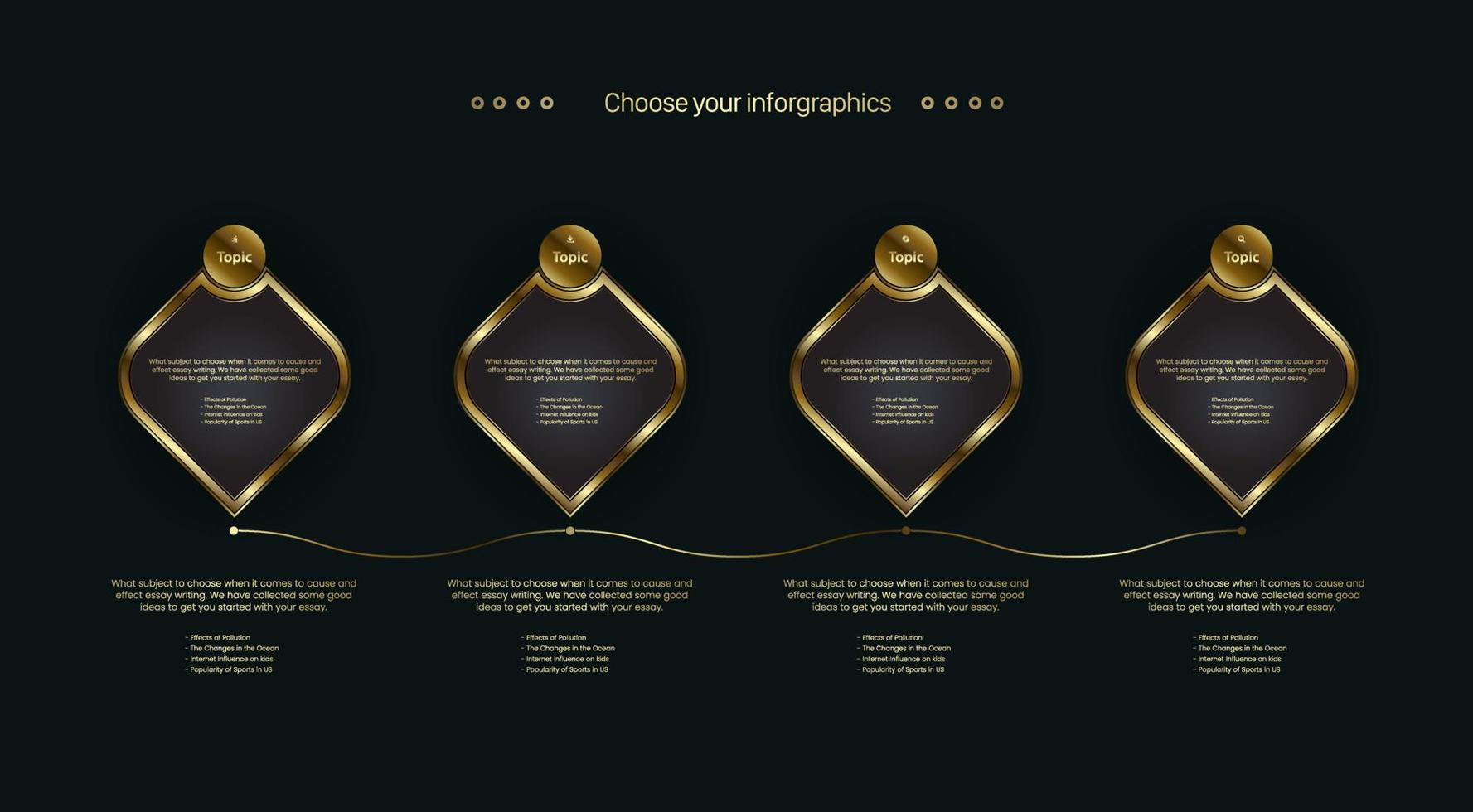 os gráficos de botões de negócios dourados com quatro design de infográficos de gráfico de processo de linha do tempo no modelo de fundo escuro. vetor, ilustração vetor
