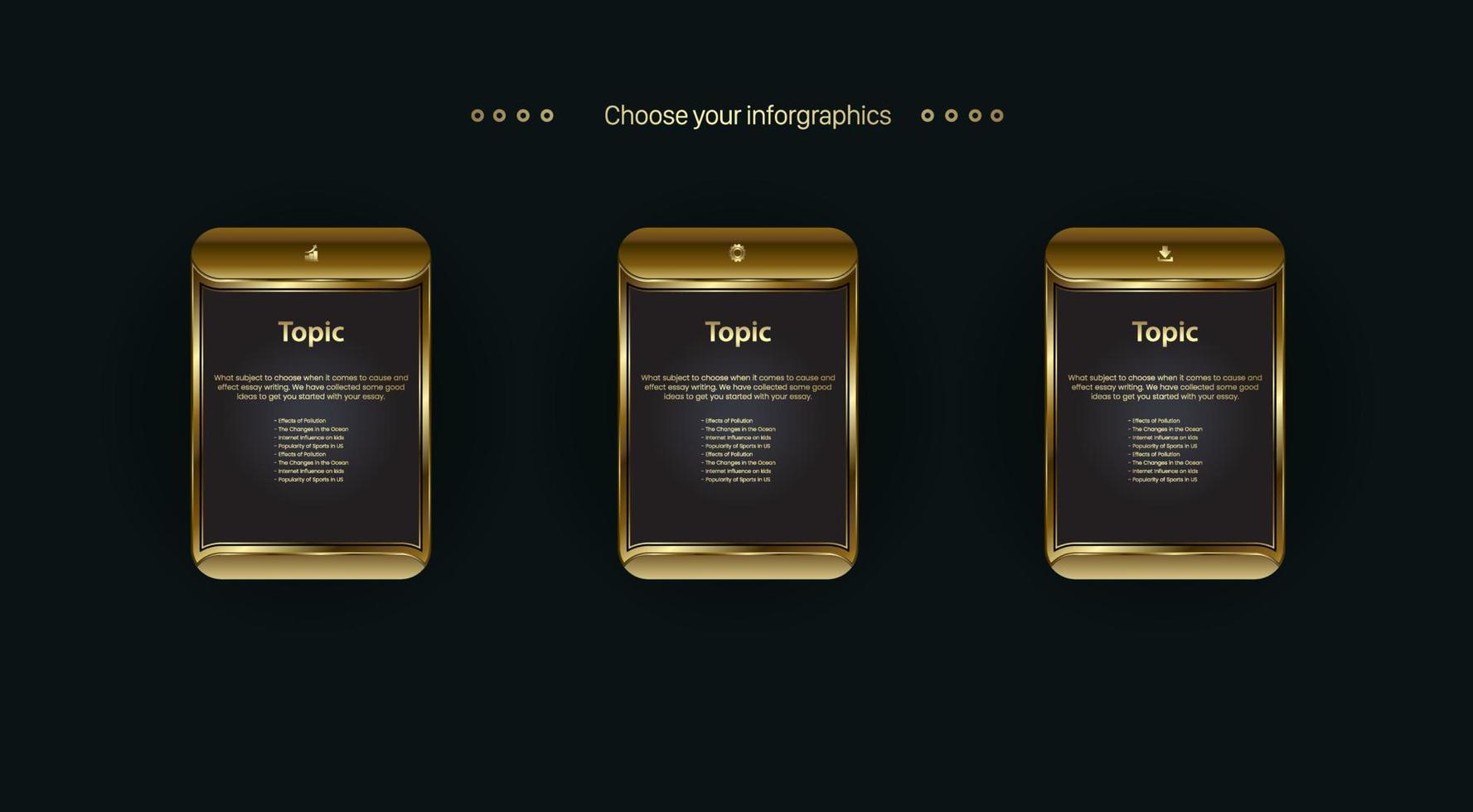 um conjunto de três botões de conjunto de web de ferro dourado no design de fundo preto, novo estilo de vetor de ícone de formas, usado em modelos de elementos de apresentação de finanças