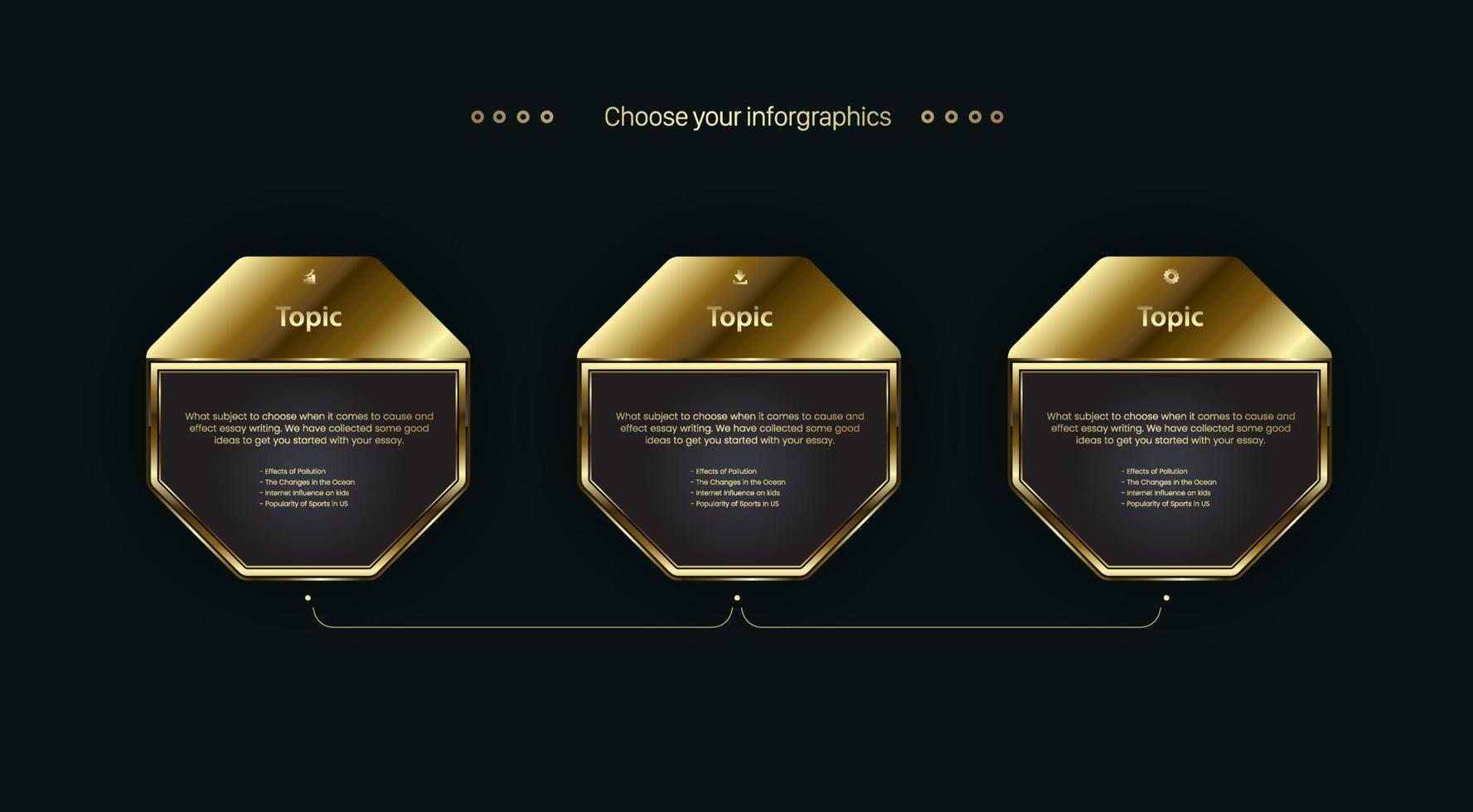 design de três botões de forma dourada de polígono, o gráfico de opções premium para níveis e modelo de fluxo de trabalho, os botões dourados escuros no design de fundo preto, vetor, ilustração vetor