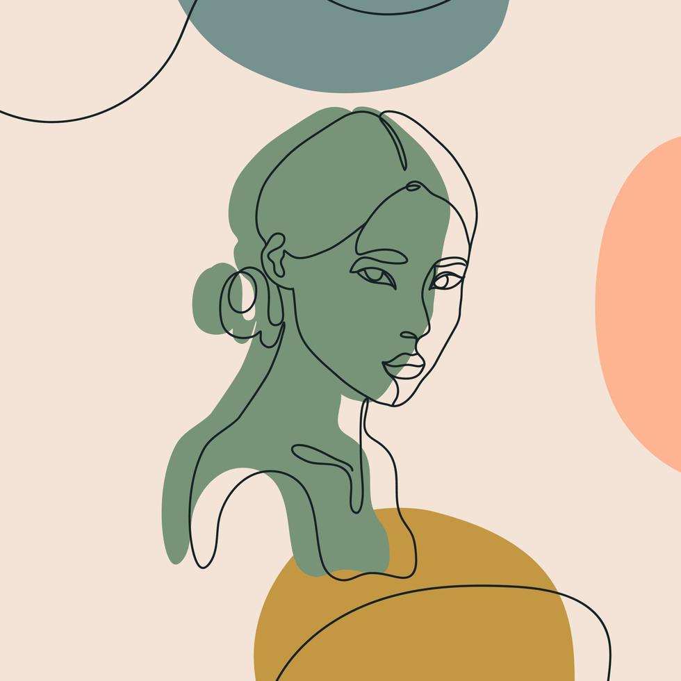silhueta feminina de linha contínua. rosto de mulher mínimo com manchas de cor abstrata. ilustração criativa em estilo de arte de linha. vetor