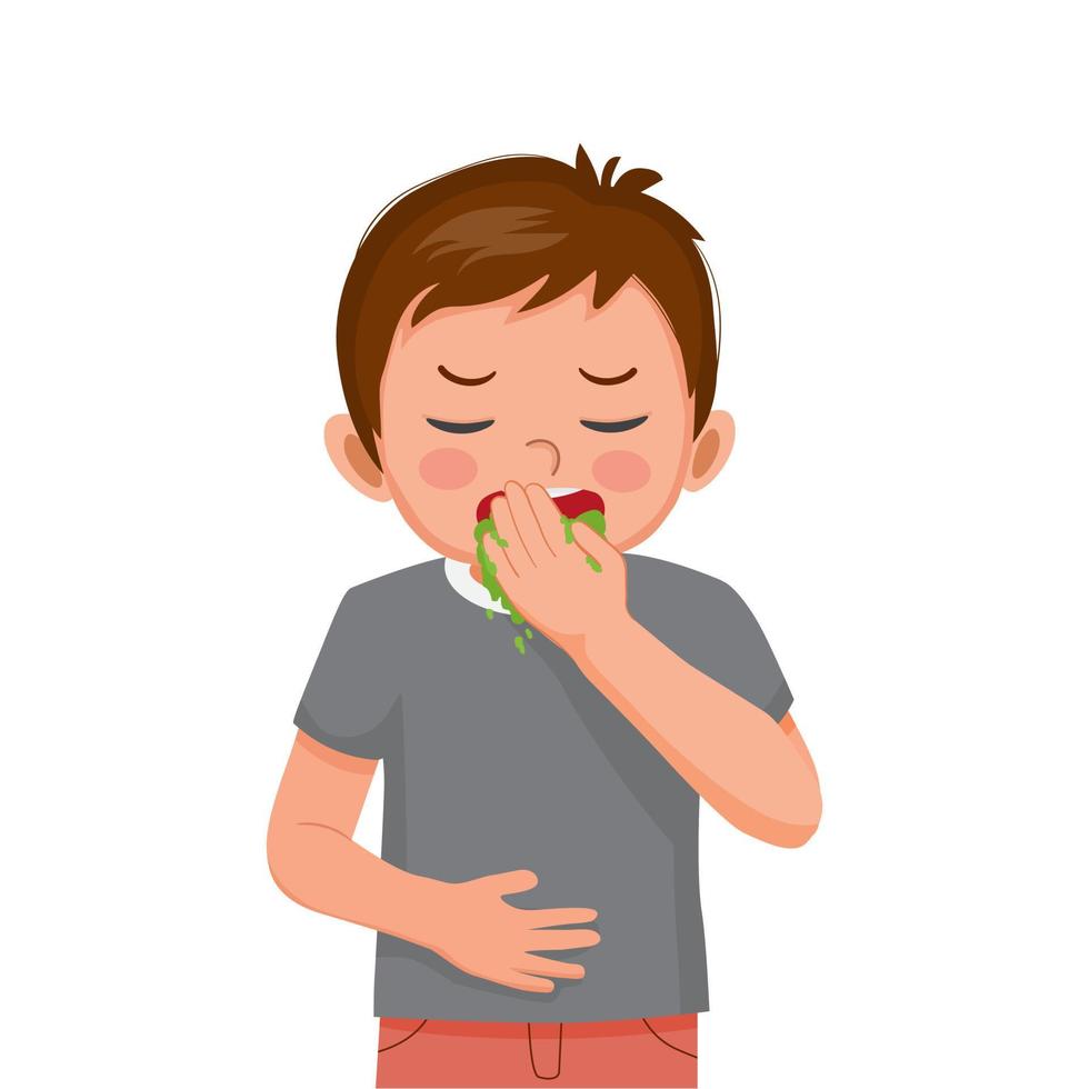 menino sentindo náuseas e vômitos ou jogar fora com a mão na boca por causa de intoxicação alimentar, enjôo, comer demais, dor de estômago, problema digestivo e doença de gastrite vetor