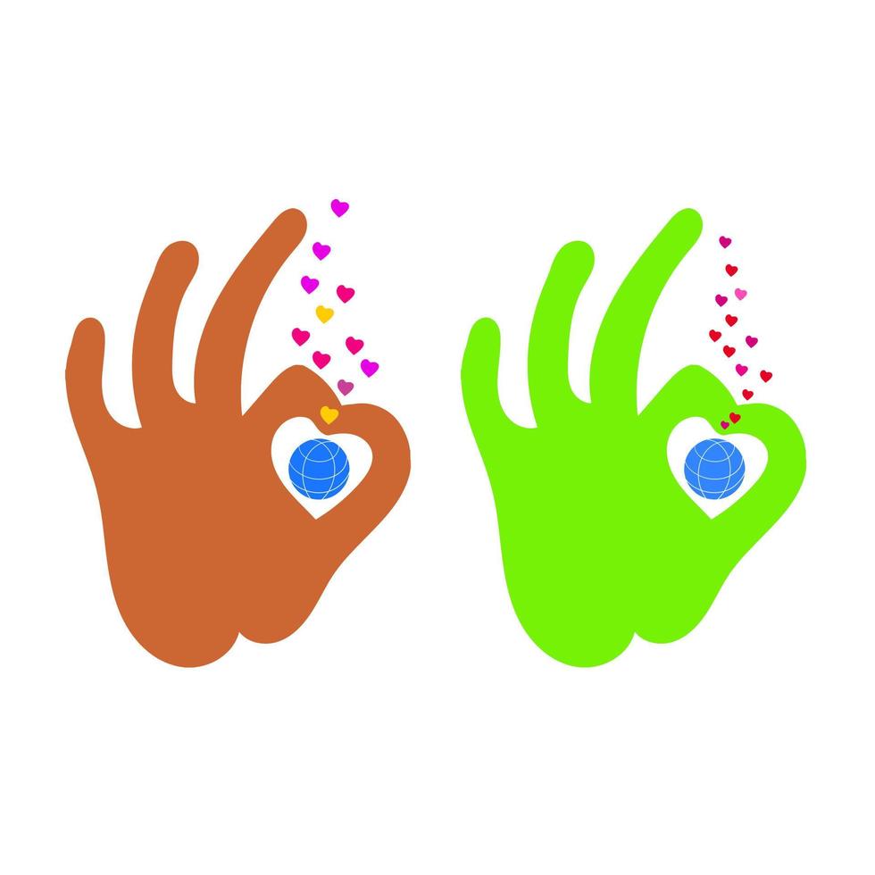 mão mostra o ícone de sinal ok ou zero com um globo e corações vetor