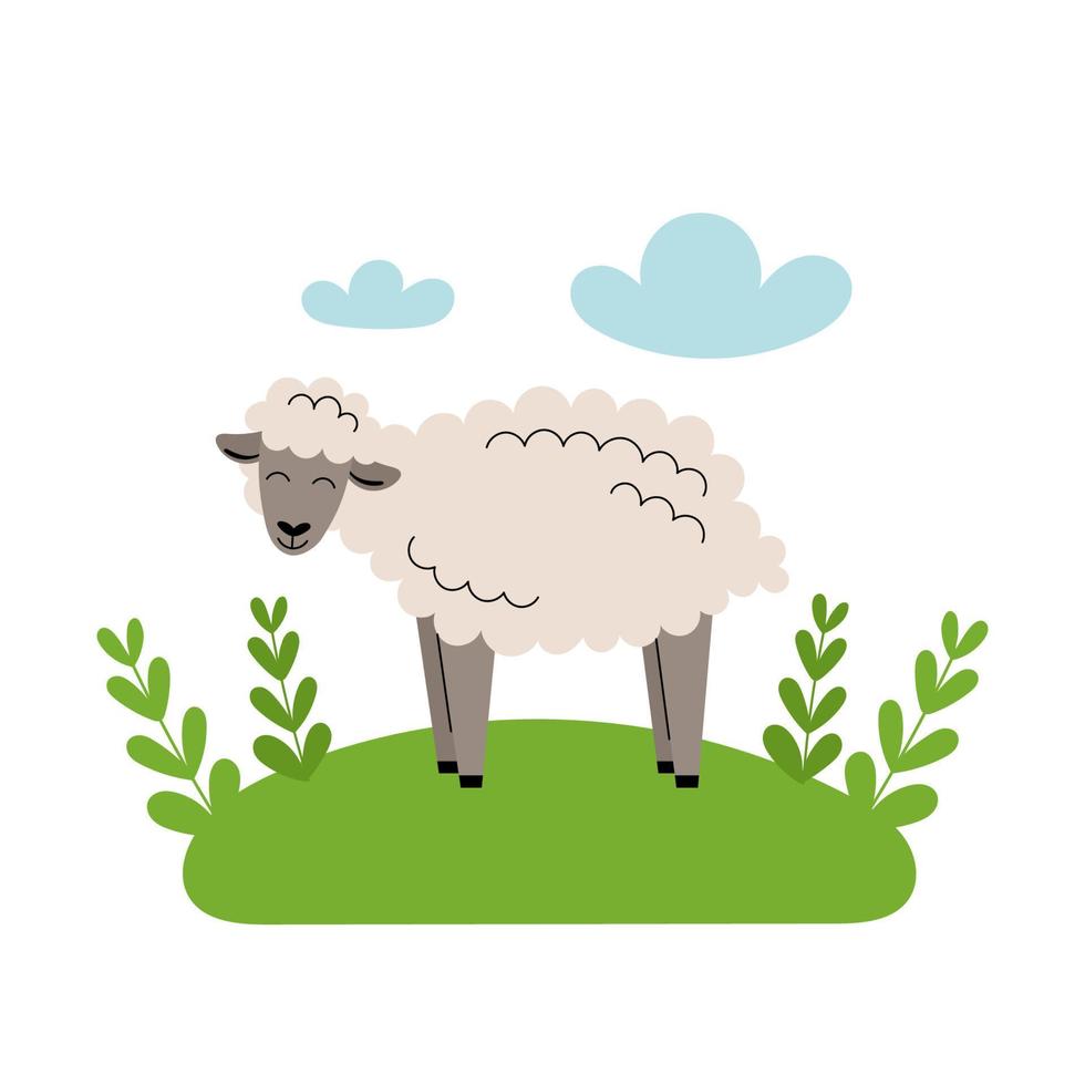 bonitinha ovelha cinza fica no prado. animais de fazenda dos desenhos animados, agricultura, rústica. ilustração em vetor simples plana sobre fundo branco com nuvens azuis e grama verde.