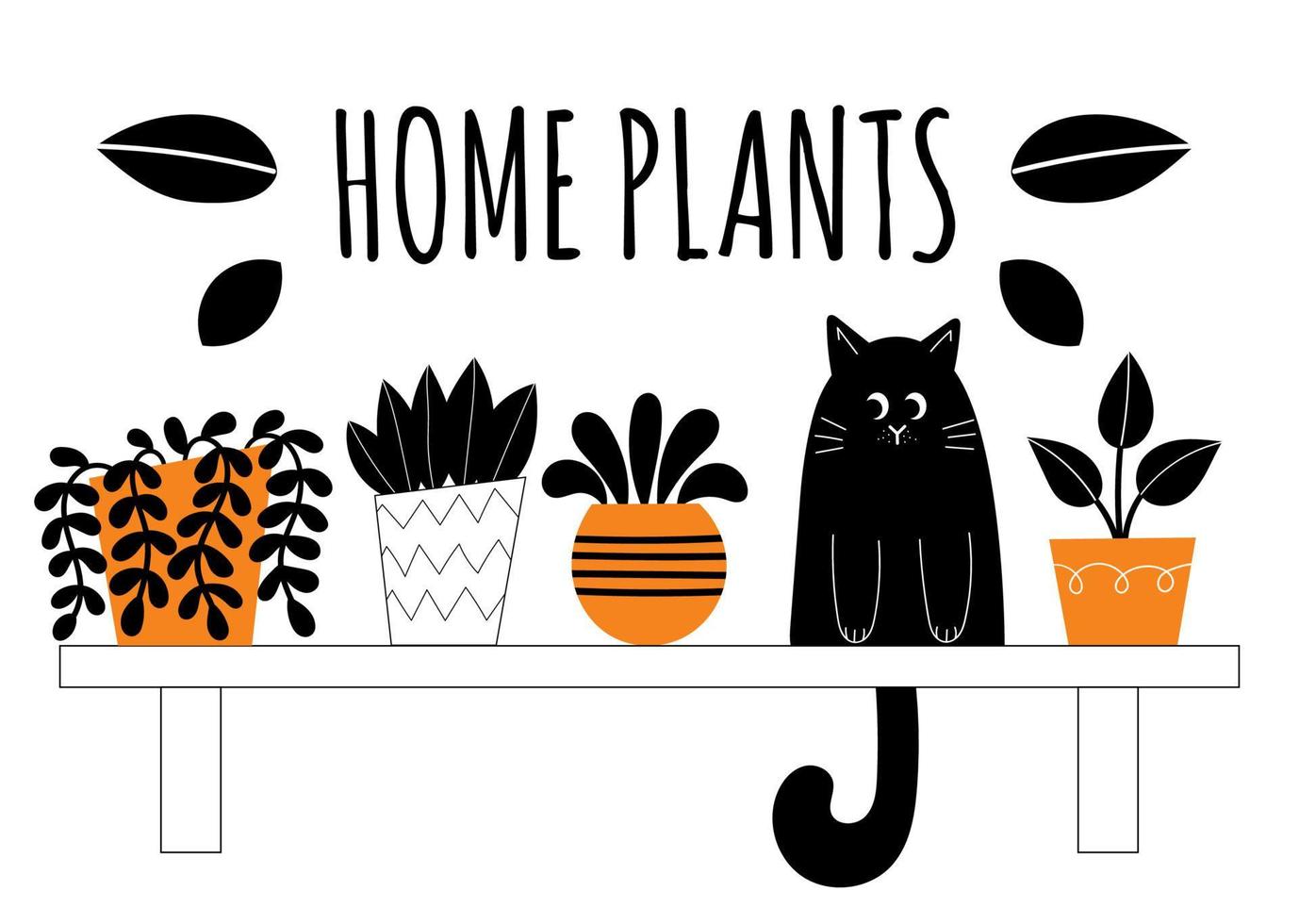 plantas de interior e um gato em uma prateleira. flores em vaso. plantas caseiras estilizadas. decoração de casa e interior. suculentas, monstera, cactos. ilustração isolada no fundo branco. vetor