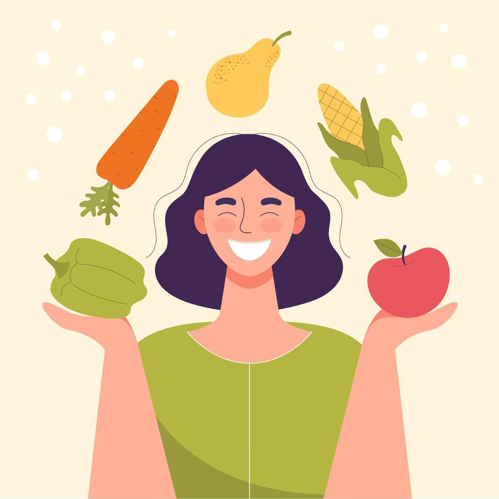 mulher sorridente com legumes e frutas nas mãos.alimentos saudáveis,conceito de dieta,dieta de alimentos crus,vegetariano.maçã,pêra,pimenta,cenoura,milho estão circulando na pessoa. vetor