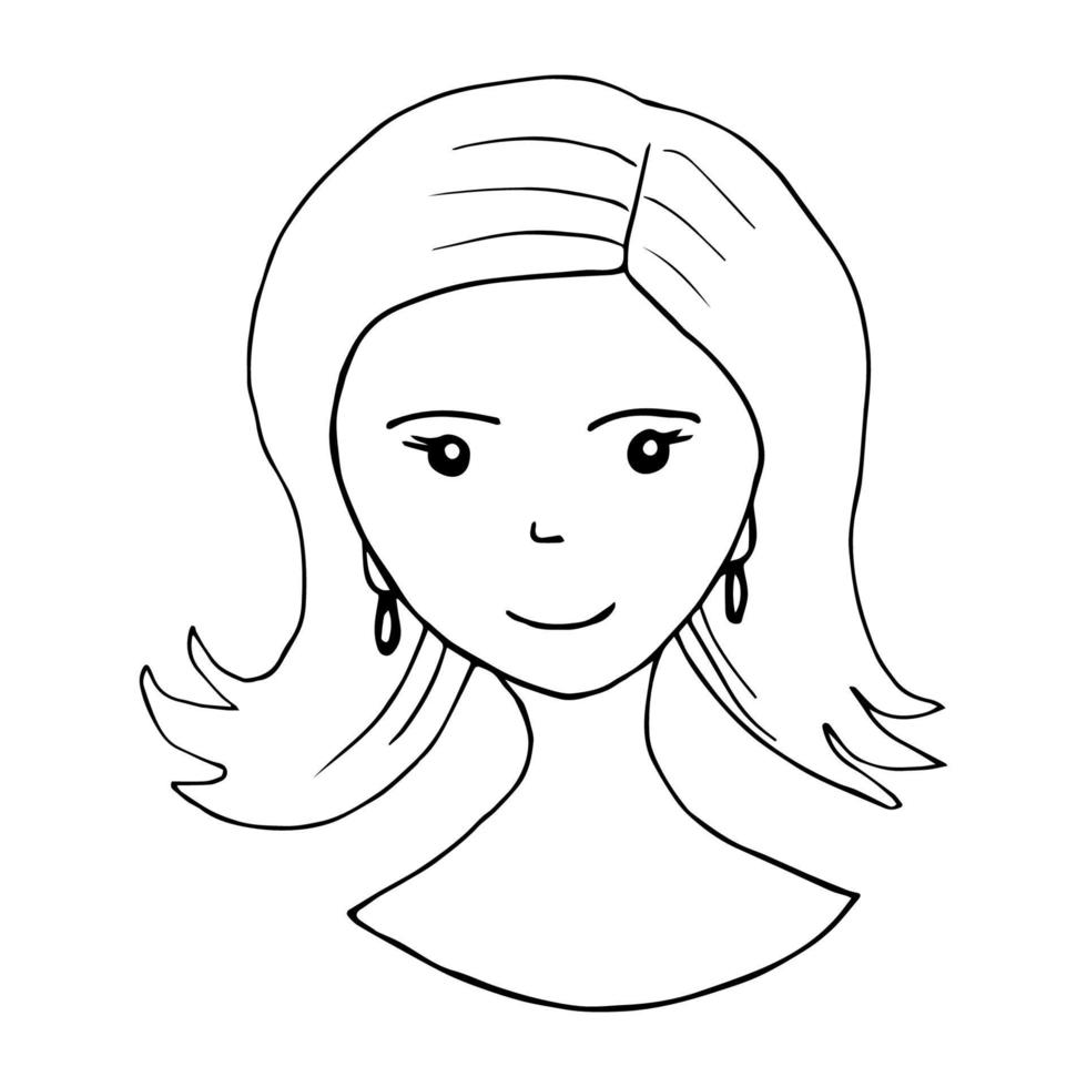 desenho vetorial simples desenhado à mão. linda jovem, cabelo médio-longo, brincos nas orelhas, contorno preto sobre um fundo branco. rosto, cabeça. vetor