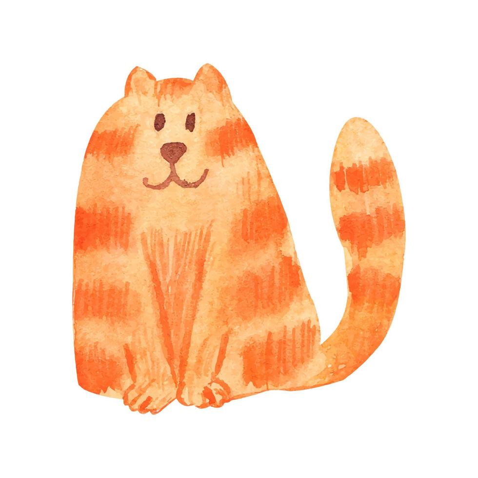 gato aquarela de gengibre desenhado à mão em estilo cartoon, isolado no fundo branco. ilustração de animal de estimação fofo para impressão, cartão, design têxtil infantil, embalagem do produto. vetor