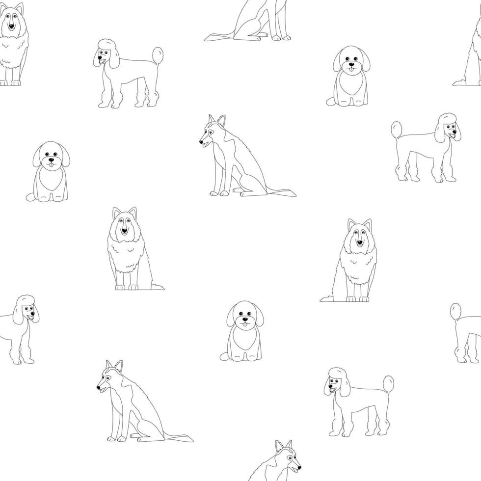 padrão perfeito com cães de raças diferentes de desenho bonito vetor