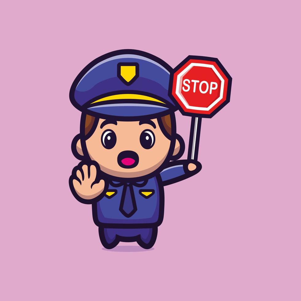 policial bonitinho segurando a tabuleta do símbolo de parada vetor