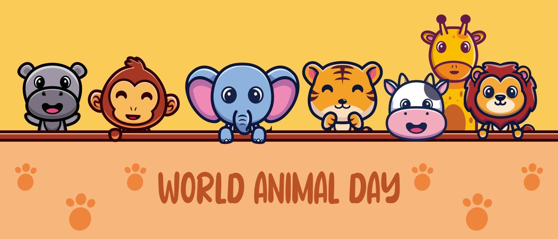 animais fofos celebração dia mundial dos animais ilustração do ícone dos desenhos animados vetor