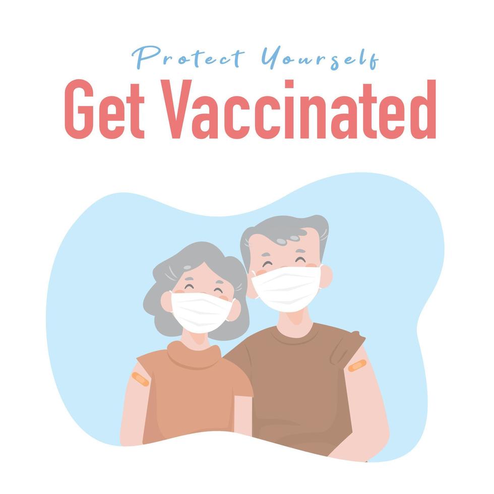 tempo para vaccinate.vaccination dos idosos.proteja seu casal self.old obter vaccinate.senior homem e mulher sênior usar mask.grandma e grandpa.prevention covid19.flat design vector illustion.