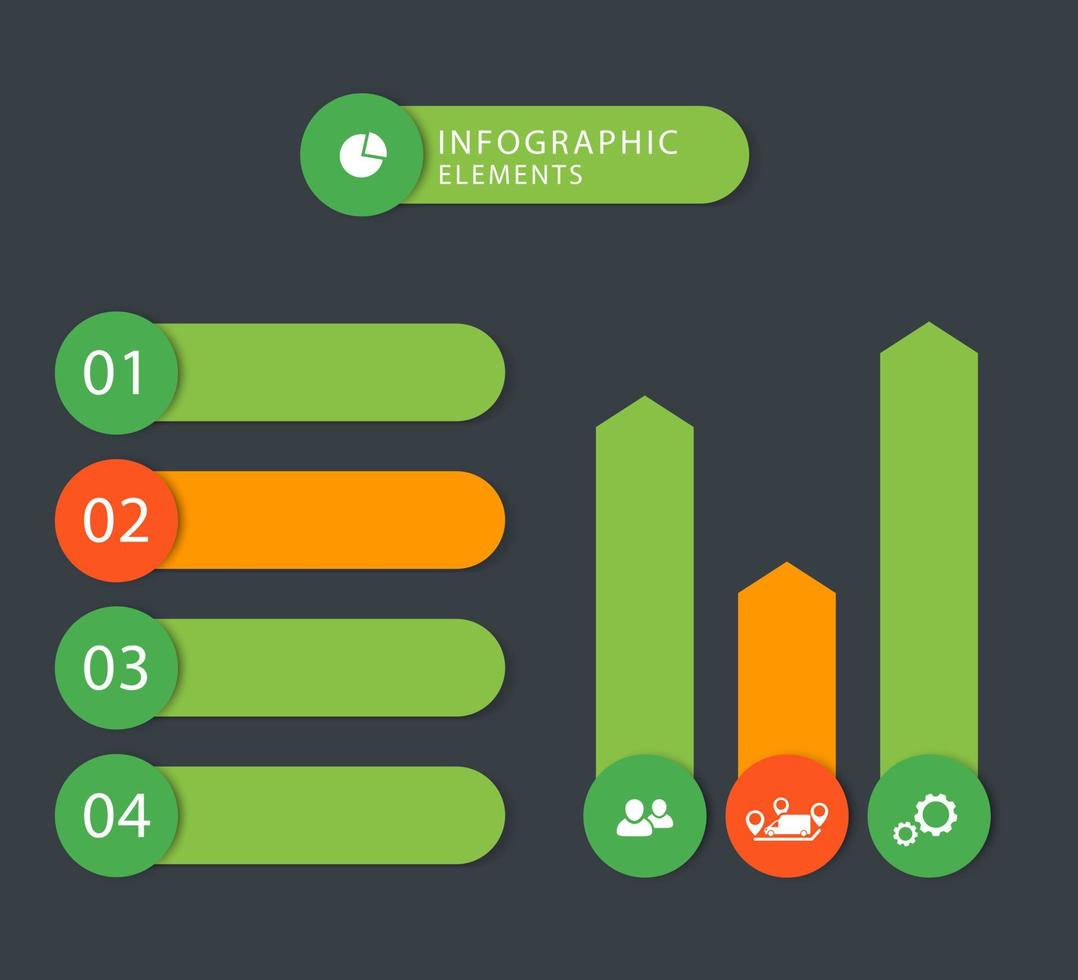 elementos de infográfico de negócios modernos, rótulos de passo, 1 2 3 4, gráficos, verde, laranja, cinza escuro vetor