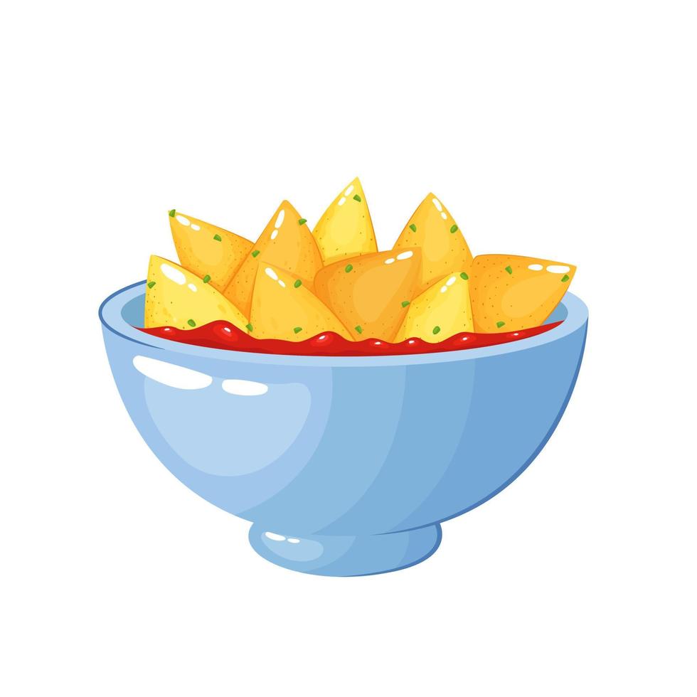 nachos em um prato com molho de salsa temperado com cebolinha, ilustração vetorial, isolado no fundo branco. comida mexicana. vetor