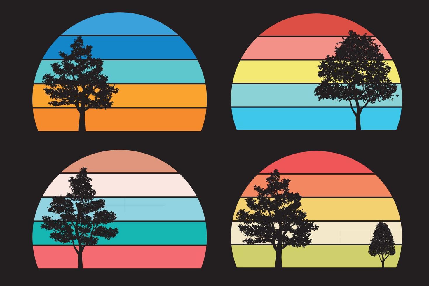 coleção do sol retrô para banner ou impressão. Círculos listrados retrowave estilo anos 80 com montanhas e árvores florestais, vetor livre