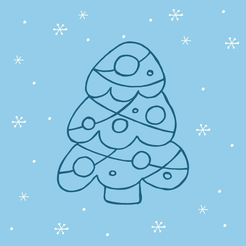 uma árvore de natal desenhada à mão. ilustração vetorial em estilo doodle. clima de inverno. olá 2023. feliz natal e feliz ano novo. elemento azul escuro com flocos de neve brancos sobre um fundo azul. vetor