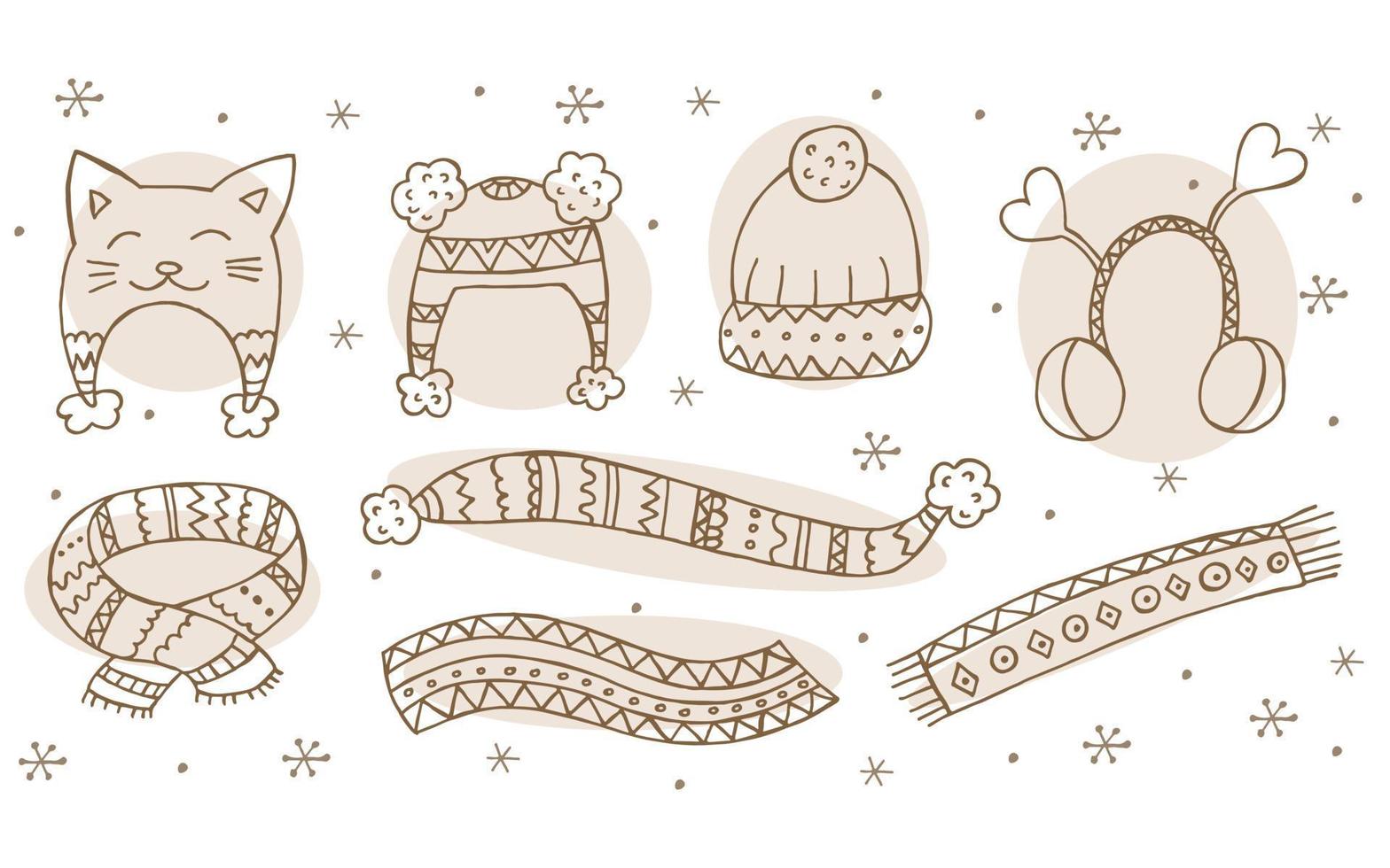 um conjunto de roupas de inverno desenhadas à mão. ilustração vetorial em estilo doodle. clima de inverno. olá 2023. feliz natal e feliz ano novo. chapéus marrons e cachecóis em um fundo branco. vetor