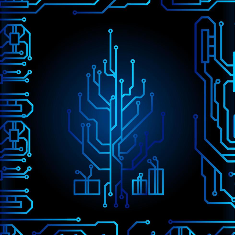 alta tecnologia árvore de natal tecnologia geométrica e fundo do sistema de conexão com resumo de dados digitais. papel de parede de fundo azul escuro eletrônico. ilustração vetorial. vetor