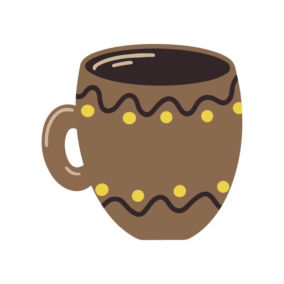xícara de chá desenhada à mão para a festa do chá isolada no fundo branco. doodle caneca de ícone de café. copo de desenho animado com design de ondas e pontos. talheres de cerâmica para design, embalagem, restaurantes e café vetor