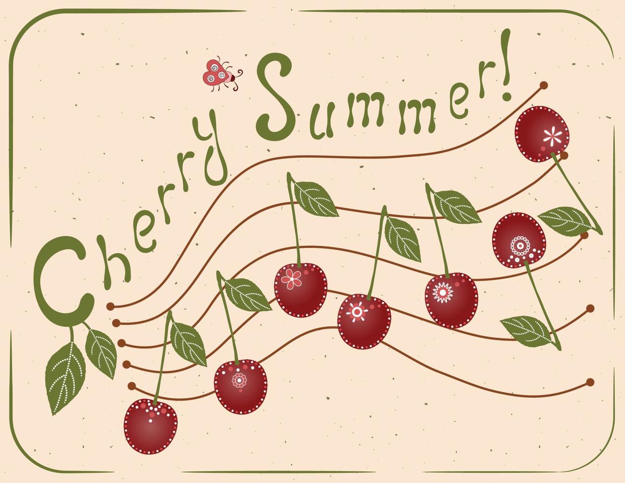 pauta com notas em forma de cerejas. cerejas são decoradas com vários pequenos padrões. cada fruto é desenhado com uma única folha e caule. ilustração em vetor alegre de verão. projeto de camiseta.
