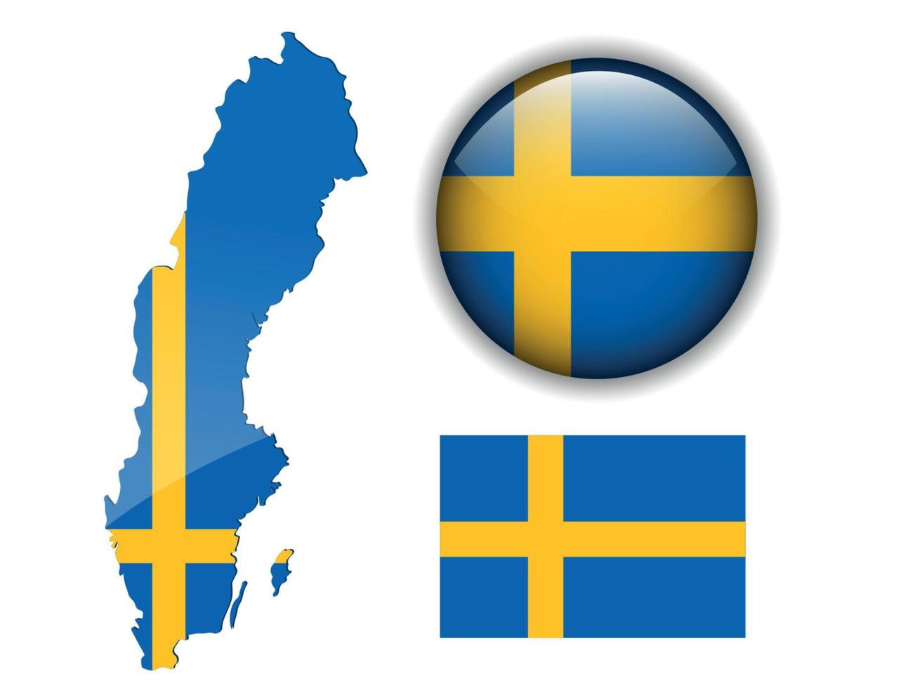 Suécia, bandeira sueca, mapa e botão brilhante. vetor