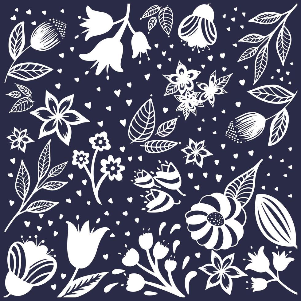 padrão sem emenda de flores. flores de silhuetas brancas, folhas, galhos em fundo azul escuro. ilustração vetorial. vetor
