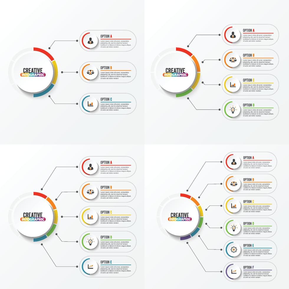 elementos abstratos do modelo de infográfico de vetor gráfico com círculos de rótulo. conceito de negócio com 3, 4, 5 e 6 opções. para conteúdo, diagrama, fluxograma, etapas, peças, infográficos de linha do tempo, gráfico.