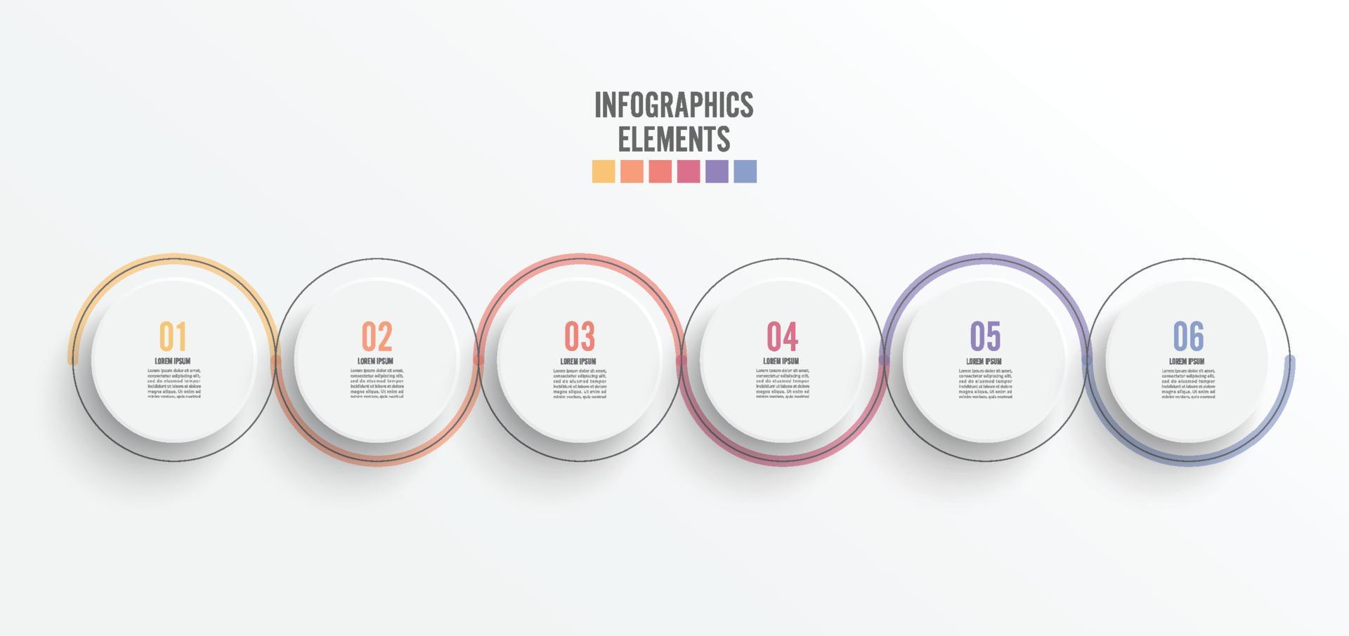 elementos abstratos do modelo de gráfico infográfico com etiqueta, círculos integrados. conceito de negócio com 6 opções. para conteúdo, diagrama, fluxograma, etapas, peças, infográficos de linha do tempo, layout de fluxo de trabalho. vetor