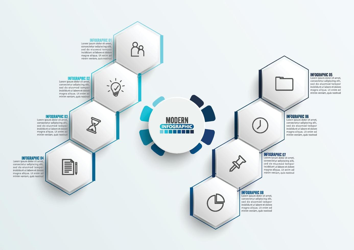 modelo de infográfico de vetor com etiqueta de papel 3d, círculos integrados. conceito de negócio com 8 opções. para conteúdo, diagrama, fluxograma, etapas, peças, infográficos de linha do tempo, fluxo de trabalho, gráfico.