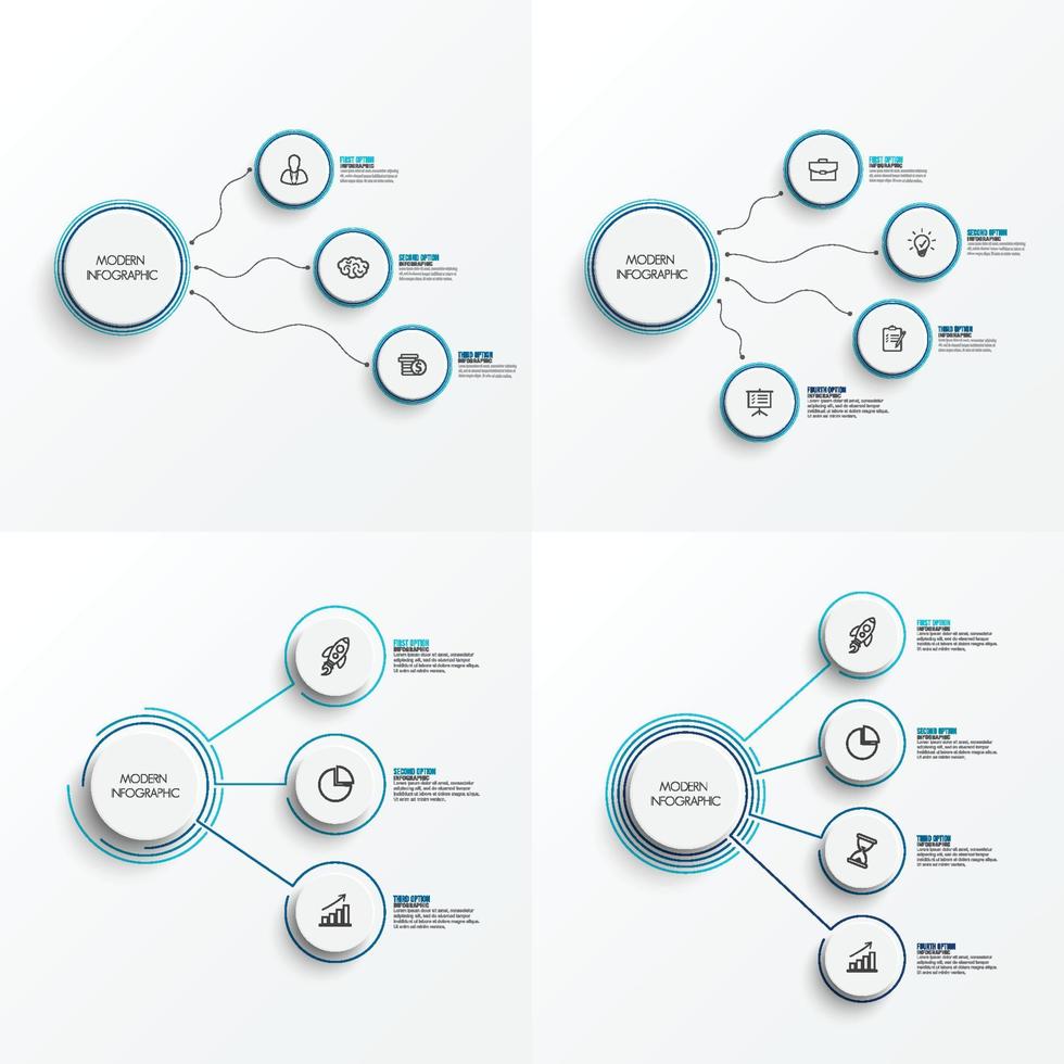 definir elementos abstratos do modelo infográfico gráfico com rótulo, círculos integrados. conceito de negócio com 3 e 4 opções. para conteúdo, diagrama, fluxograma, etapas, peças, infográficos de linha do tempo, layout. vetor