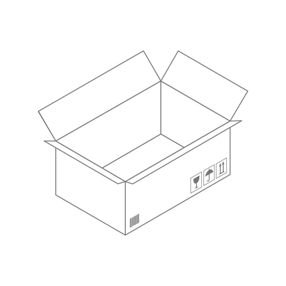 caixa de vetor de contorno preto sobre fundo branco. caixa de papelão vazia aberta isolada no fundo branco.