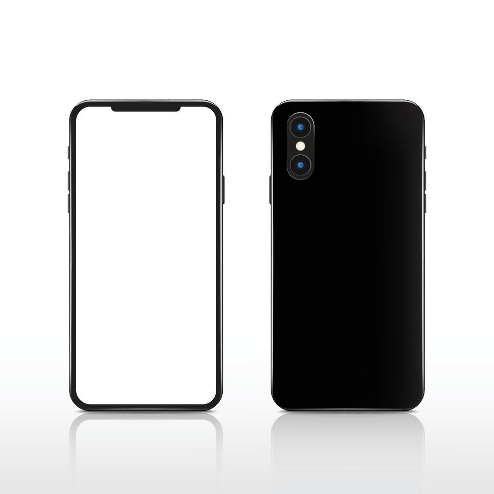 moderno realista preto touchscreen celular tablet smartphone em fundo branco. frente e verso do telefone isolados. ilustração vetorial. vetor