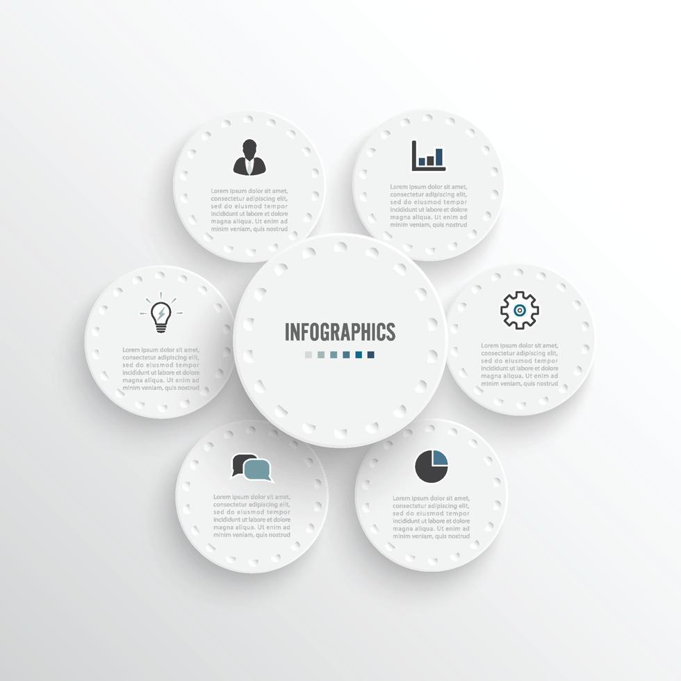 infográficos de negócios com design de modelo de círculos com ícones e 6 opções. modelo de folheto, negócios, web design. vetor